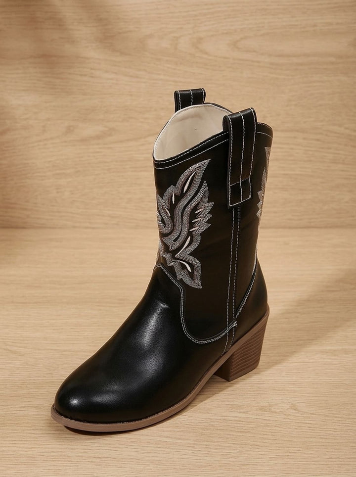 Women's Embroidered Block Heel Mid-Calf Western Cowboy Boots - Black