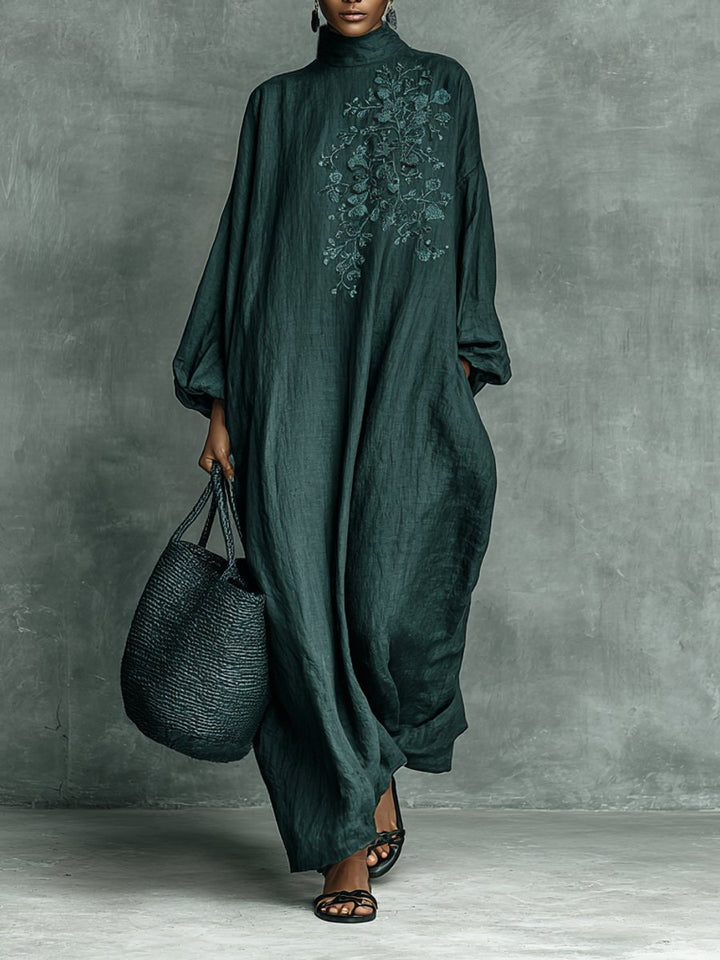Women's Embroidered Floral Linen Maxi Long Sleeve Dress