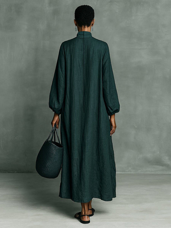 Women's Embroidered Floral Linen Maxi Long Sleeve Dress