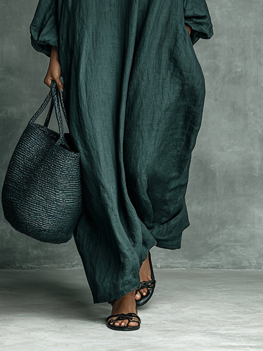 Women's Embroidered Floral Linen Maxi Long Sleeve Dress