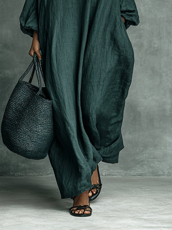 Women's Embroidered Floral Linen Maxi Long Sleeve Dress