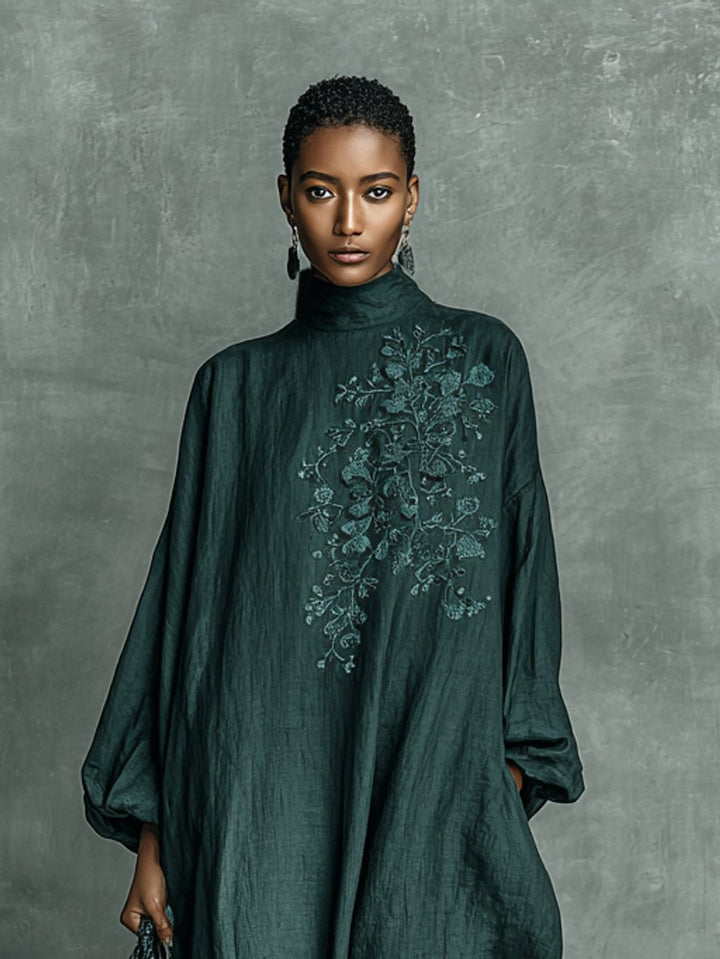 Women's Embroidered Floral Linen Maxi Long Sleeve Dress