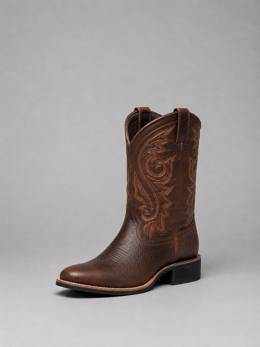 Women's Embroidered Leather Western Ankle Boots Block Heel - Brown