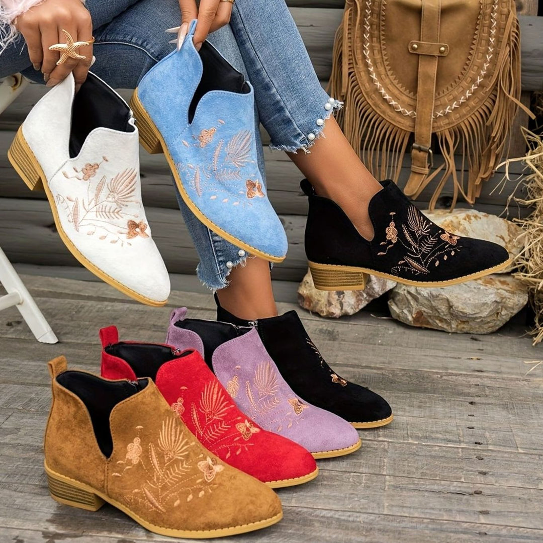Women's Embroidered Low-Heel Pointed-Toe Ankle Boots