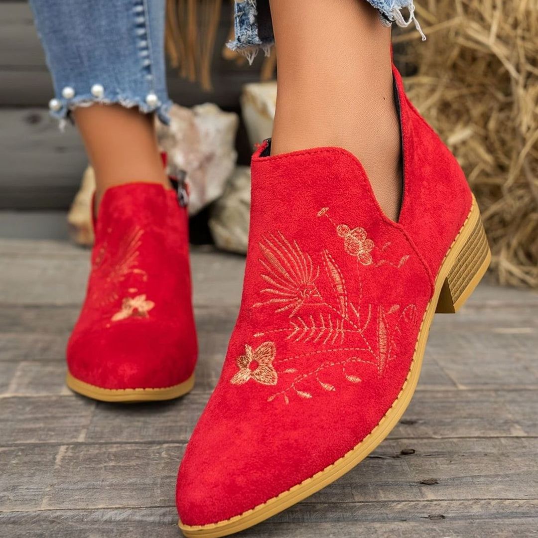 Women's Embroidered Low-Heel Pointed-Toe Ankle Boots - Red