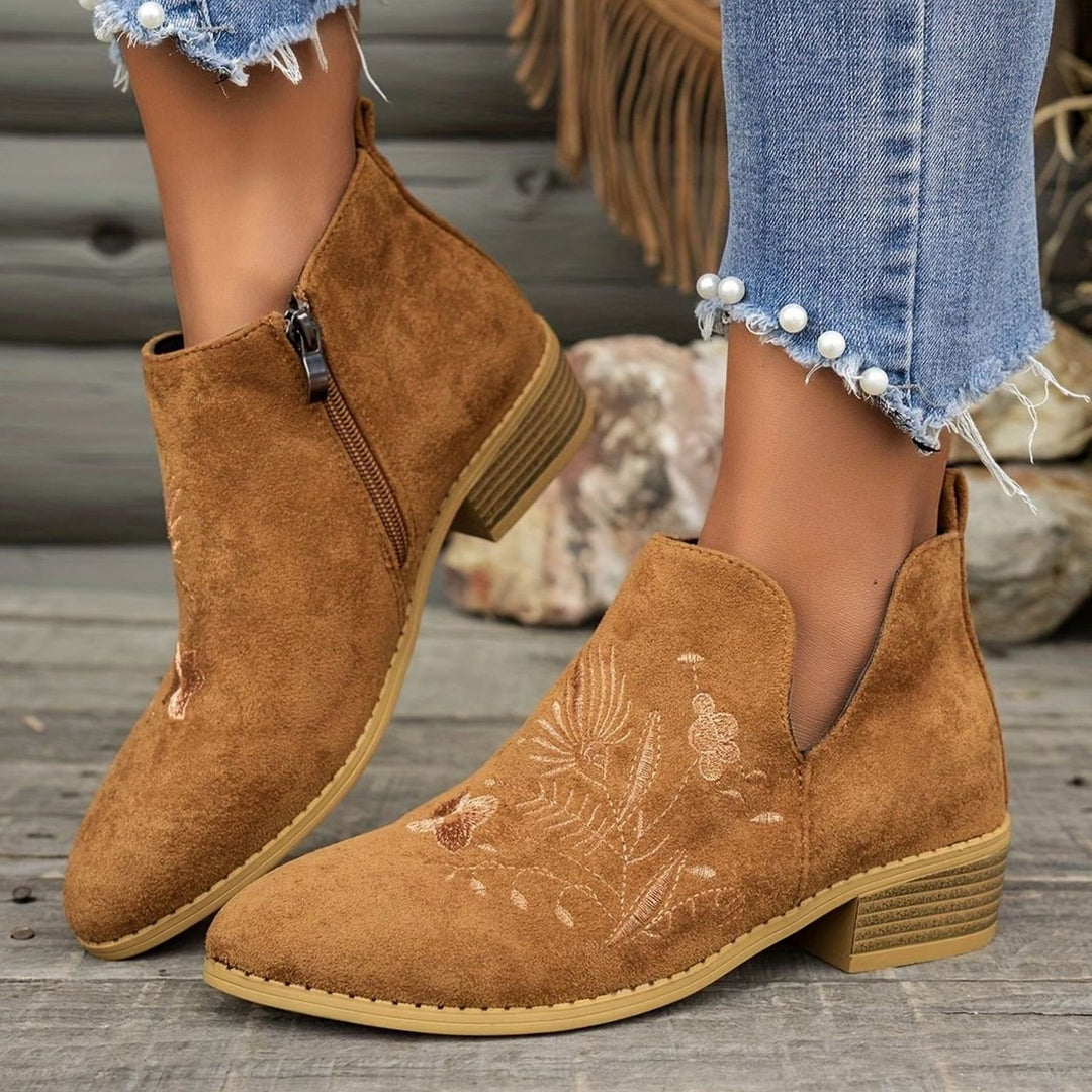 Women's Embroidered Low-Heel Pointed-Toe Ankle Boots