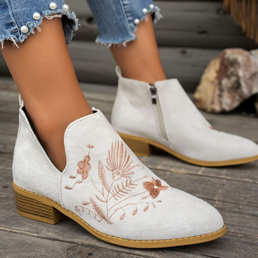 Women's Embroidered Low-Heel Pointed-Toe Ankle Boots