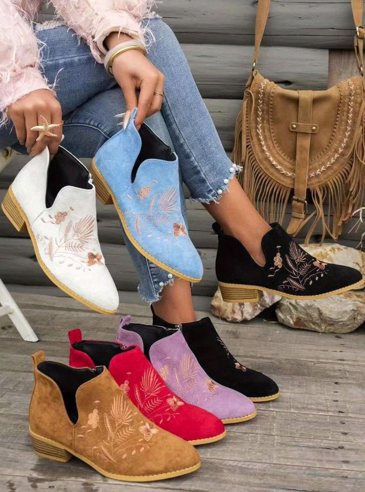 Women's Embroidered Low-Heel Pointed-Toe Ankle Boots