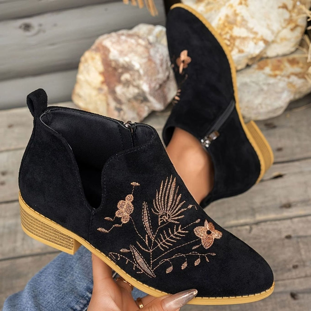 Women's Embroidered Low-Heel Pointed-Toe Ankle Boots