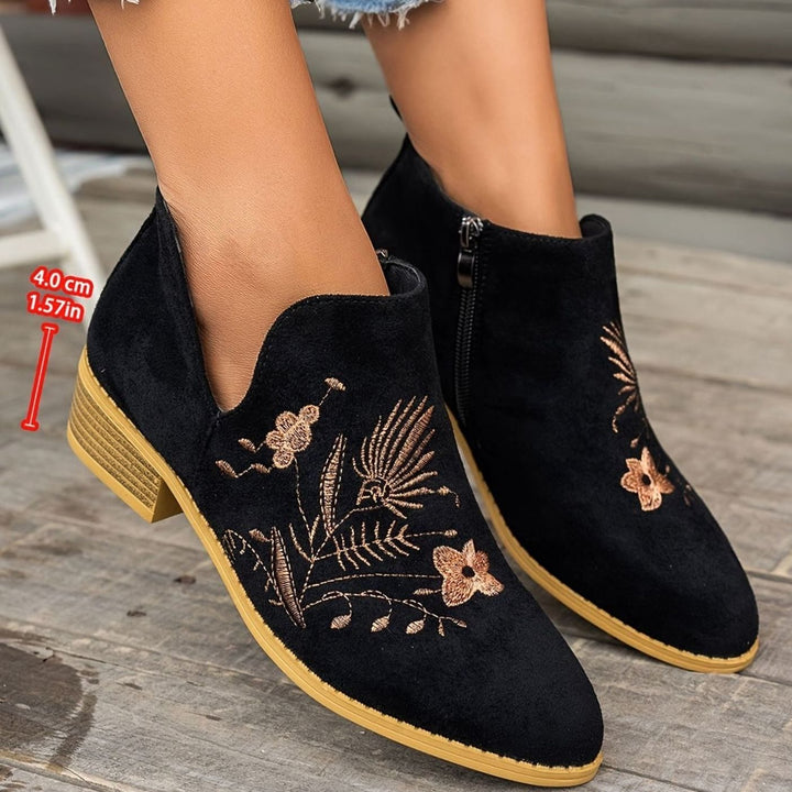Women's Embroidered Low-Heel Pointed-Toe Ankle Boots