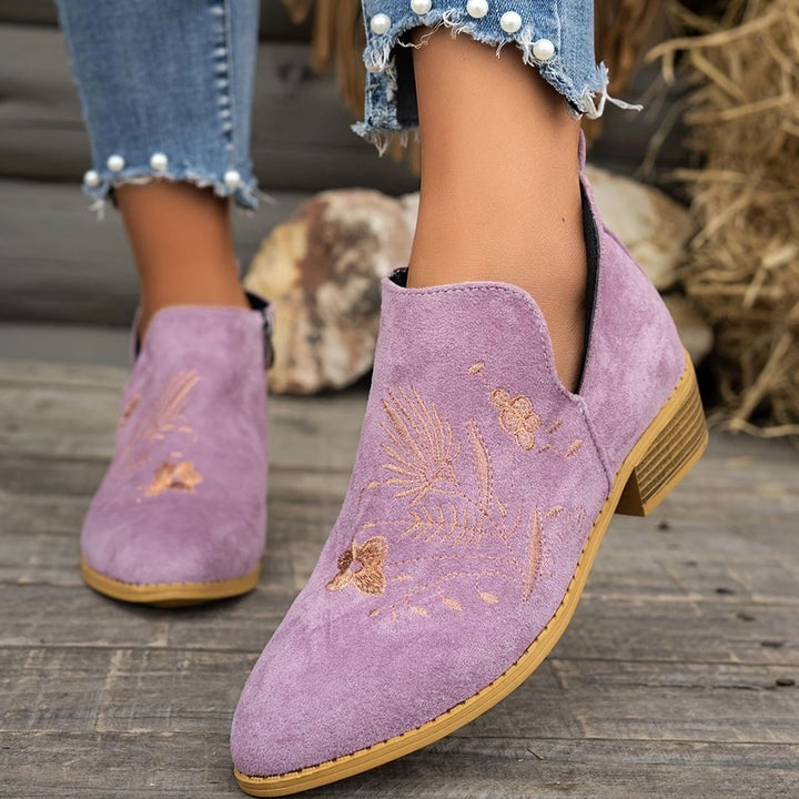 Women's Embroidered Low-Heel Pointed-Toe Ankle Boots - Purple