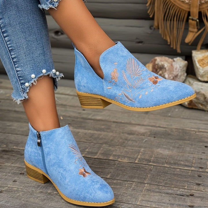Women's Embroidered Low-Heel Pointed-Toe Ankle Boots