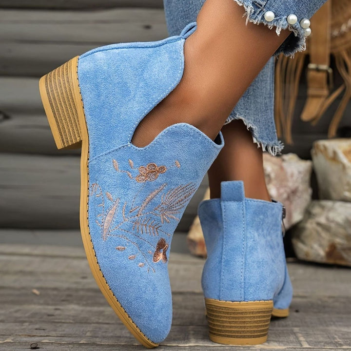 Women's Embroidered Low-Heel Pointed-Toe Ankle Boots