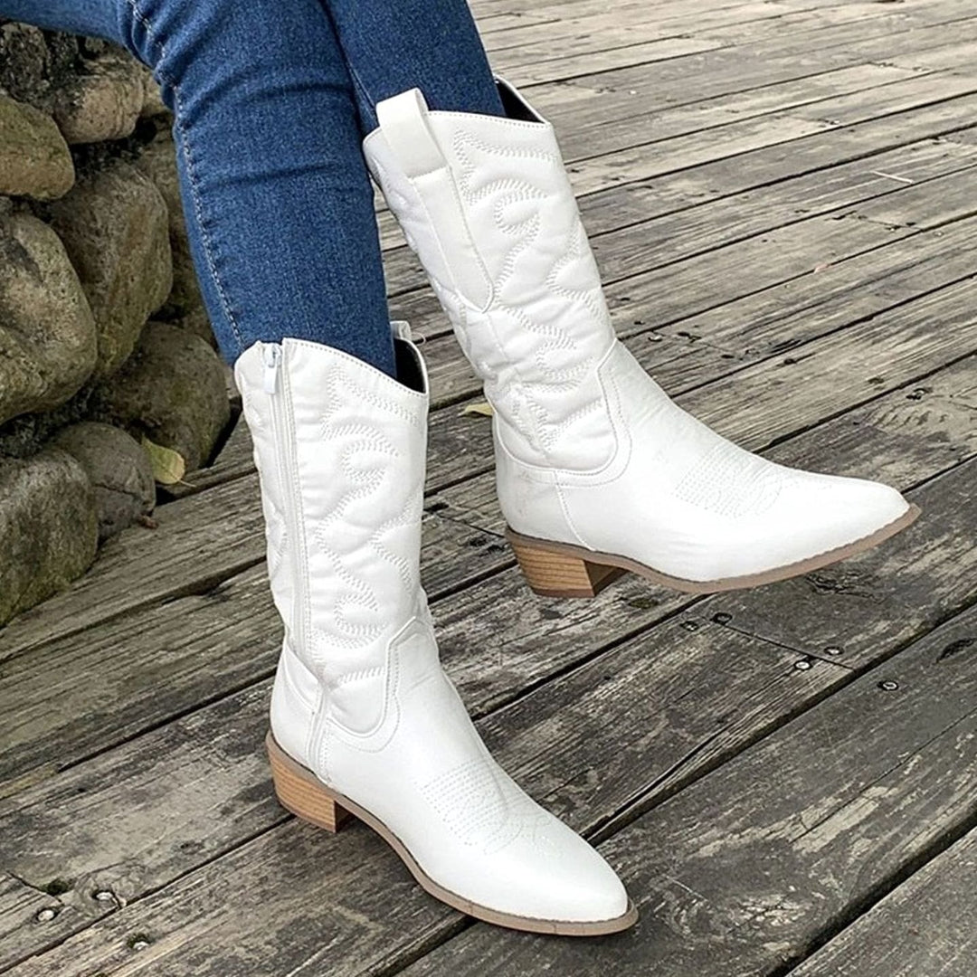 Women's Embroidered Mid-Calf Pointed-Toe Cowboy Boots - White