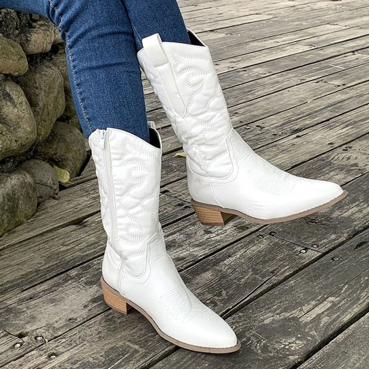 Women's Embroidered Mid-Calf Pointed-Toe Cowboy Boots - White