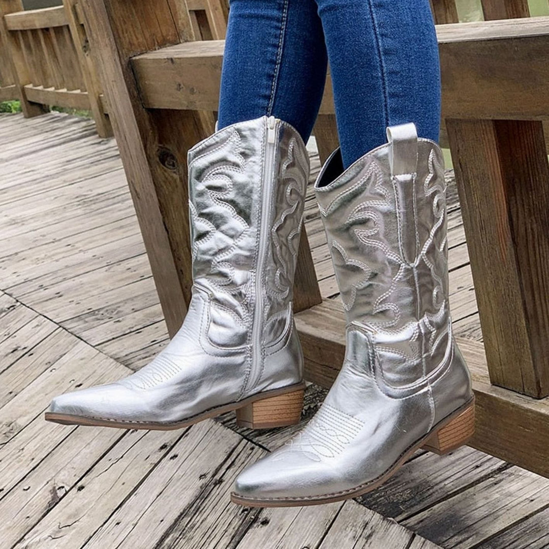 Women's Embroidered Mid-Calf Pointed-Toe Cowboy Boots - Silver