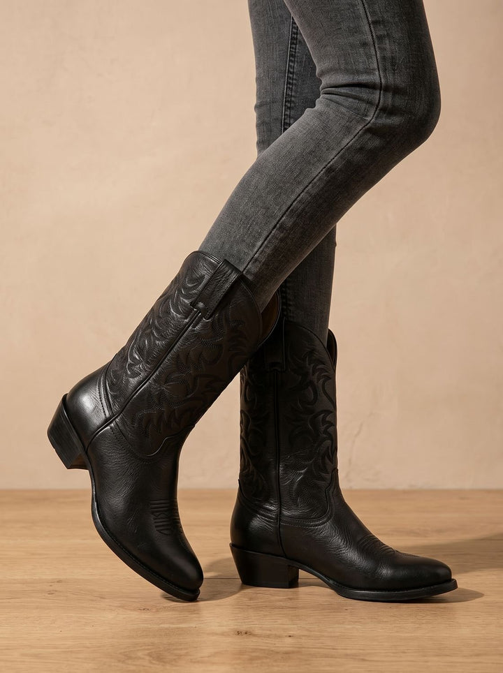 Women's Embroidered Mid-Calf Western Cowboy Boots Pointed-Toe Block Heel - Black