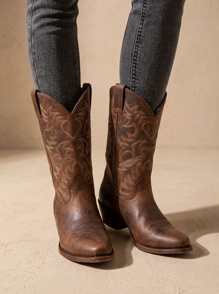 Women's Embroidered Mid-Calf Western Cowboy Boots Pointed-Toe Block Heel - Brown