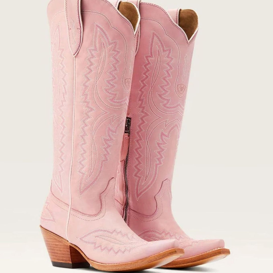 Women's Embroidered Pointed-Toe Cuban Heel Tall Cowboy Boots - Pink