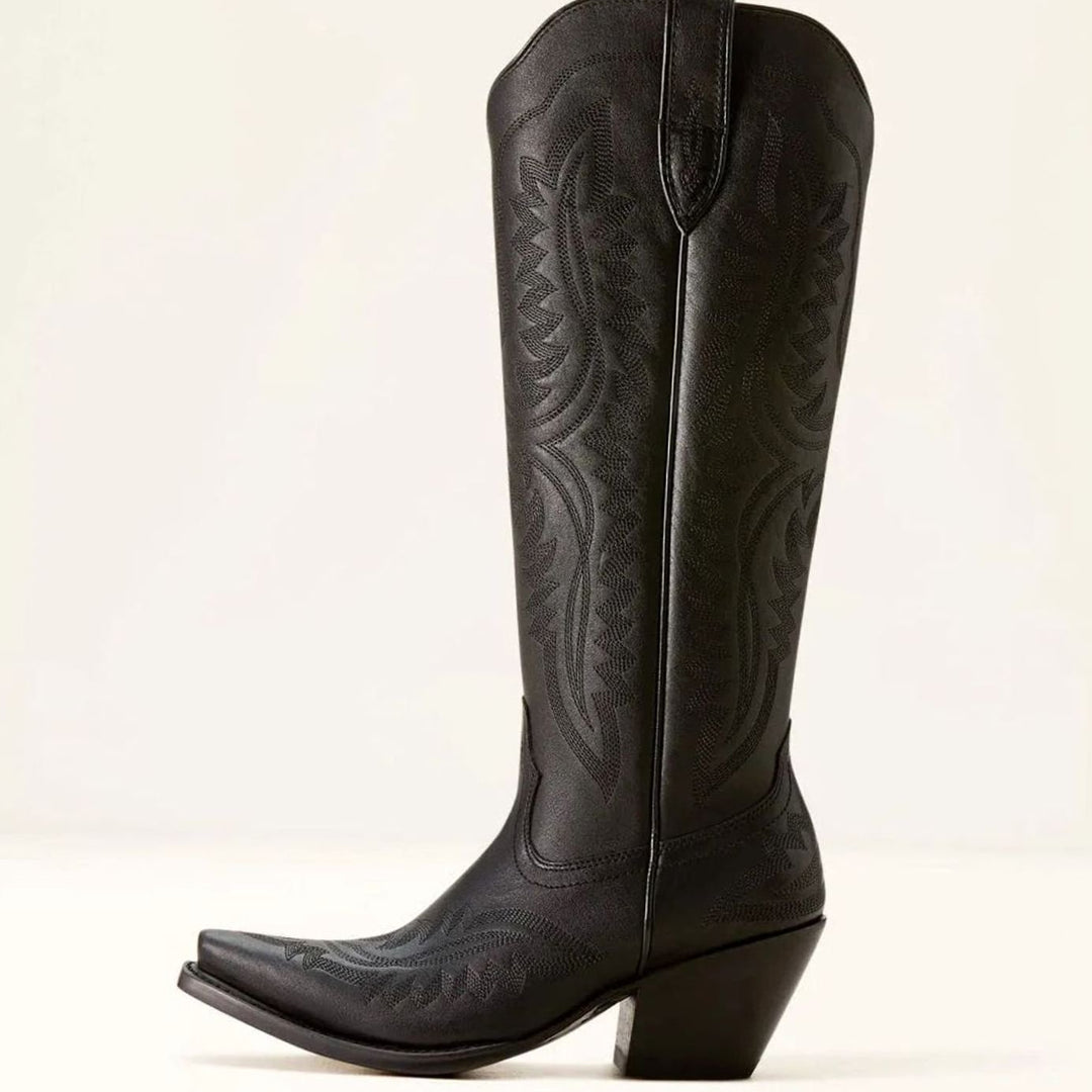 Women's Embroidered Pointed-Toe Cuban Heel Tall Cowboy Boots - Black