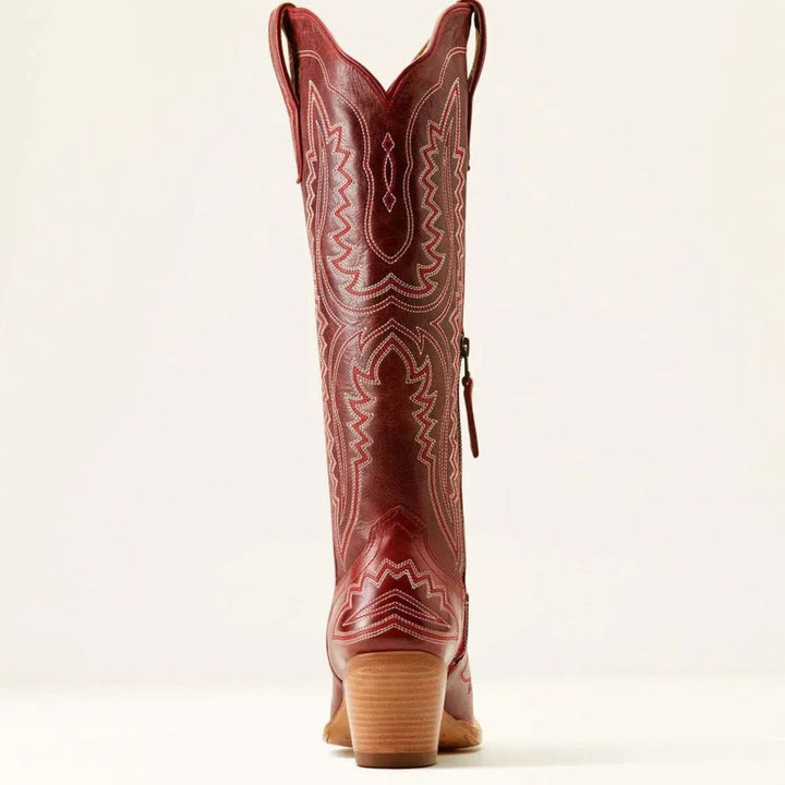 Women's Embroidered Pointed-Toe Cuban Heel Tall Cowboy Boots - Burgundy