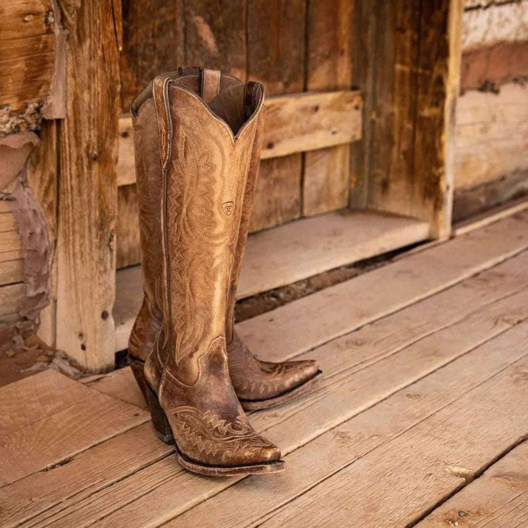 Women's Embroidered Pointed-Toe Cuban Heel Tall Cowboy Boots - Dark Brown