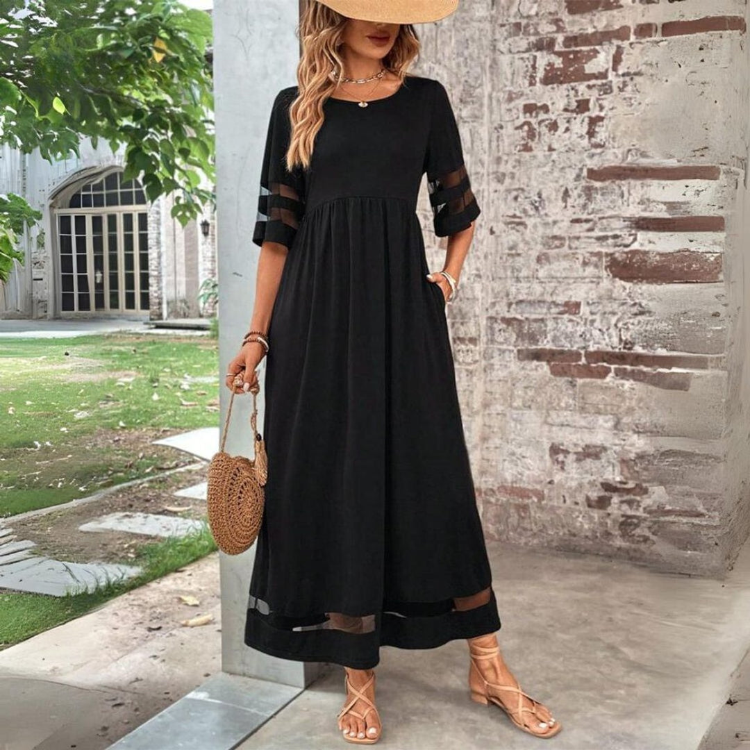 Women's Empire-Waist Mesh-Trim Elegant Dress Midi - Black