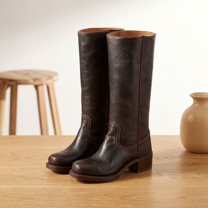 Women's Equestrian Knee High Boots Block Heel Leather-Look - Dark Brown