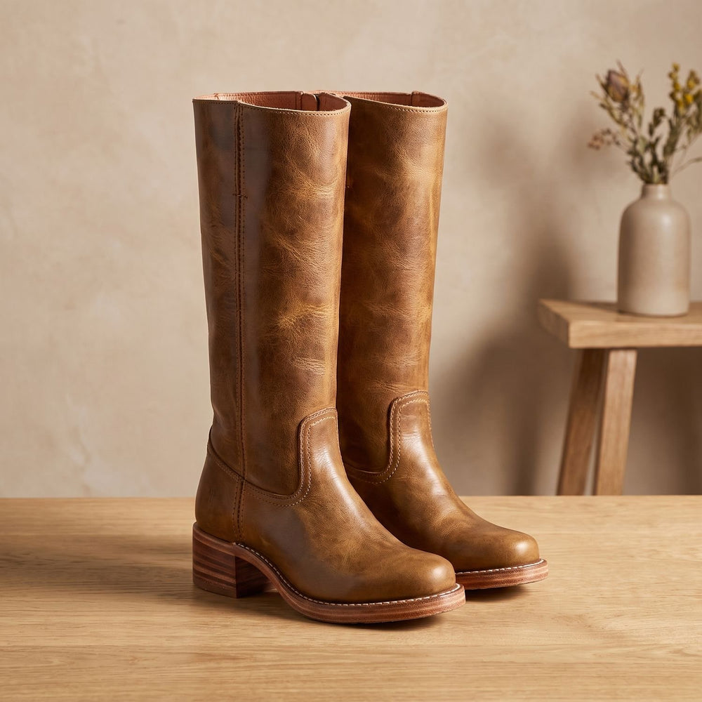 Women's Equestrian Knee High Boots Block Heel Leather-Look - Light Brown