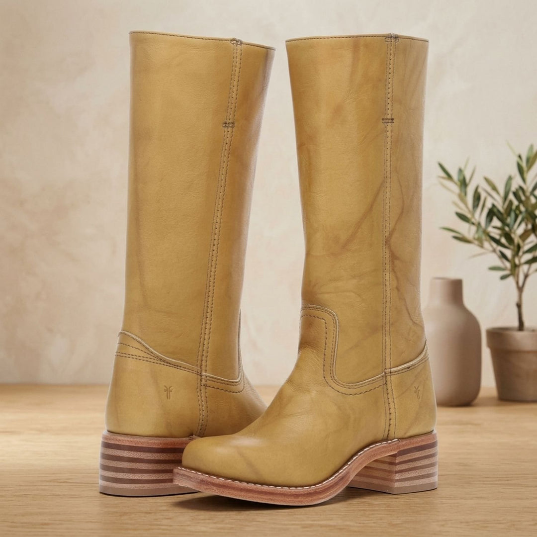 Women's Equestrian Knee High Boots Block Heel Leather-Look - Yellow