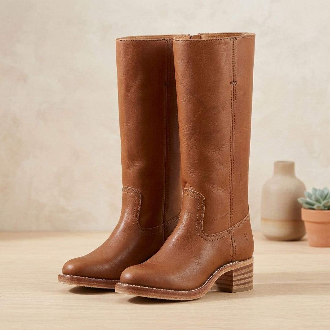 Women's Equestrian Knee High Boots Block Heel Leather-Look - Brown