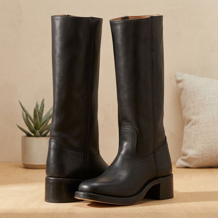 Women's Equestrian Knee High Boots Block Heel Leather-Look - Black