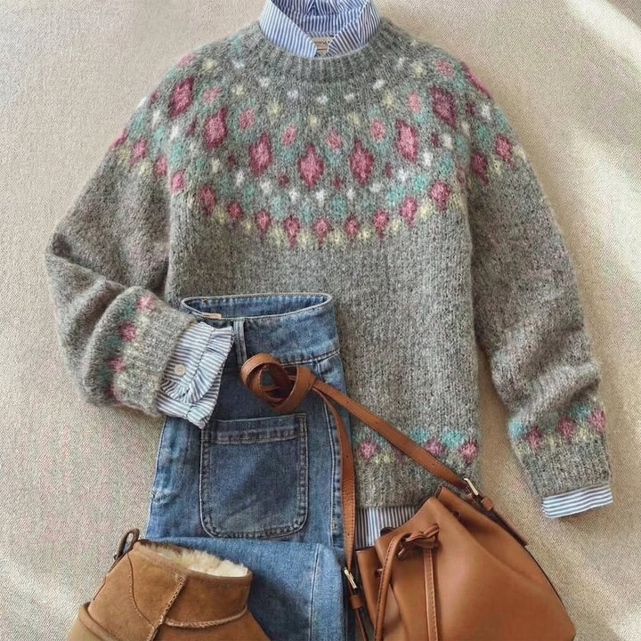 Women's Fair Isle Crewneck Knit Sweater Relaxed Fit - Soft Gray Pastel