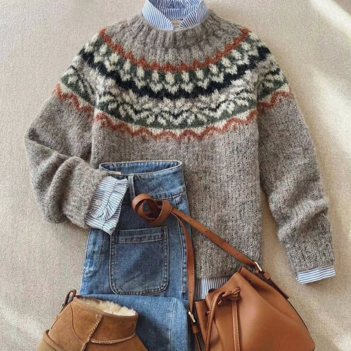 Women's Fair Isle Crewneck Knit Sweater Relaxed Fit - Light Ash Mix