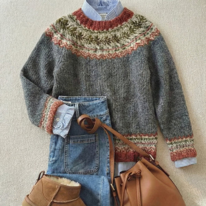 Women's Fair Isle Crewneck Knit Sweater Relaxed Fit - Stone Gray Mix