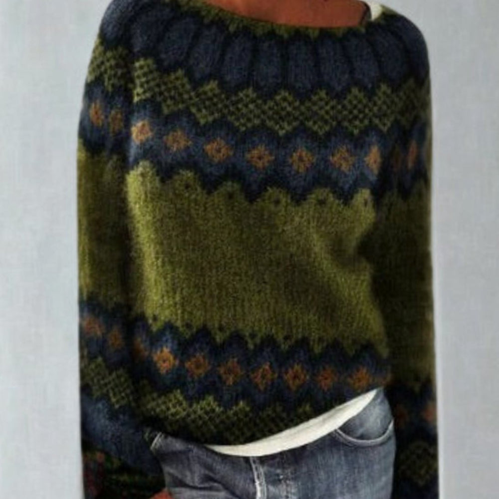 Women's Fair Isle Geometric Knit Crew Neck Pullover Sweater - Green