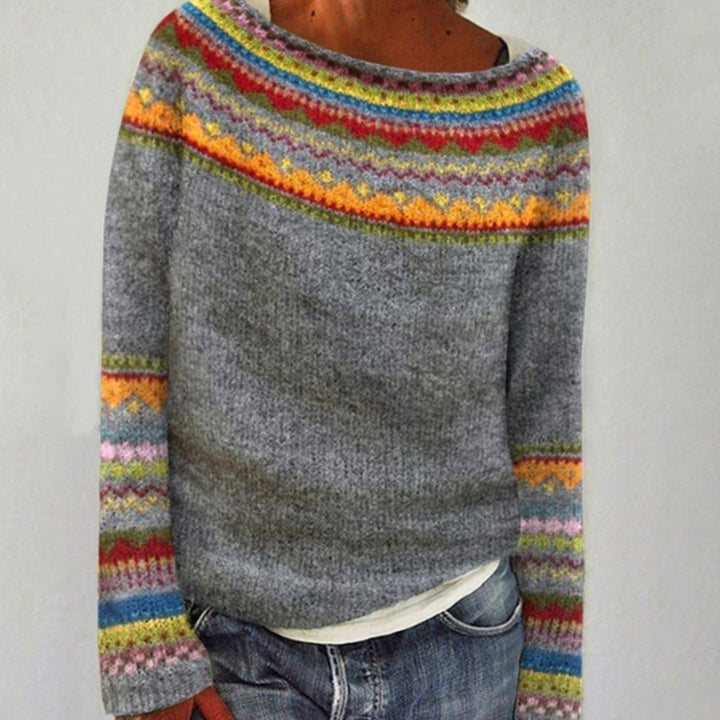Women's Fair Isle Geometric Knit Crew Neck Pullover Sweater - Grey Orange