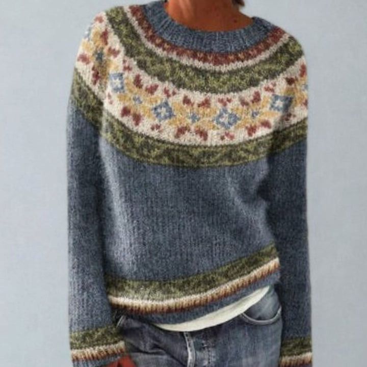 Women's Fair Isle Geometric Knit Crew Neck Pullover Sweater - Blue