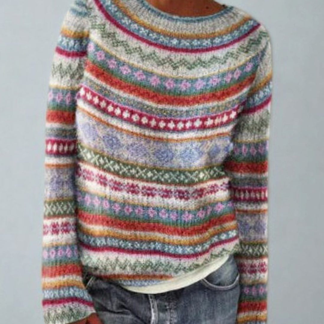 Women's Fair Isle Geometric Knit Crew Neck Pullover Sweater - Multi-Color
