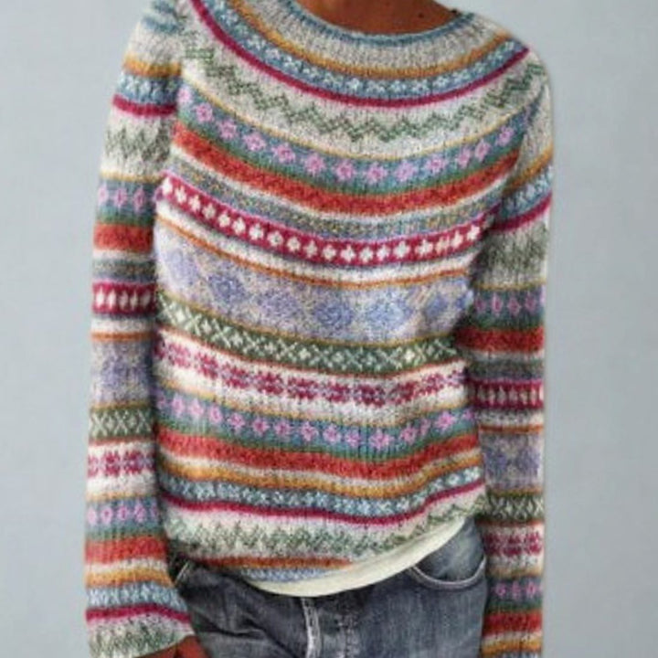 Women's Fair Isle Geometric Knit Crew Neck Pullover Sweater - Multi-Color