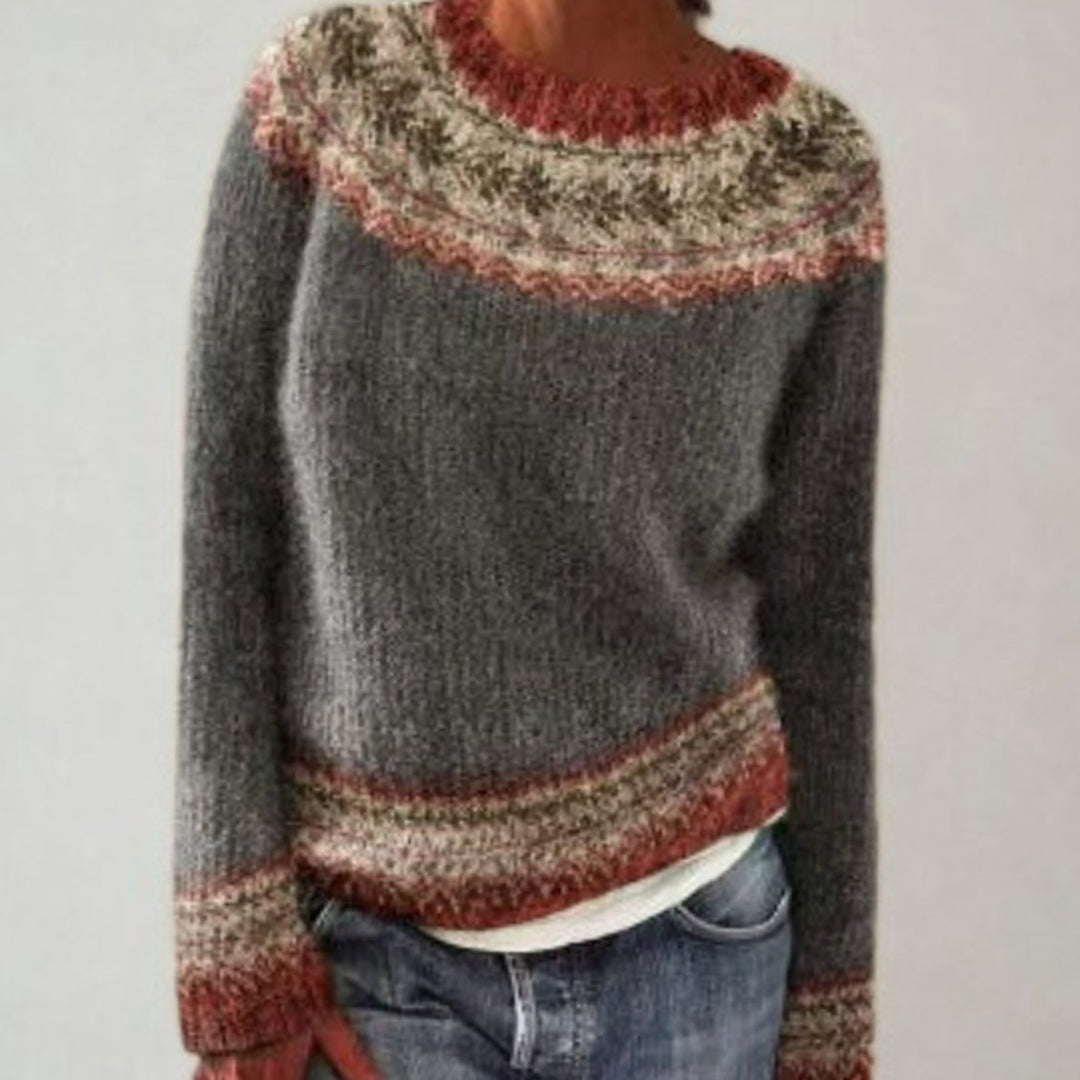 Women's Fair Isle Geometric Knit Crew Neck Pullover Sweater - Grey