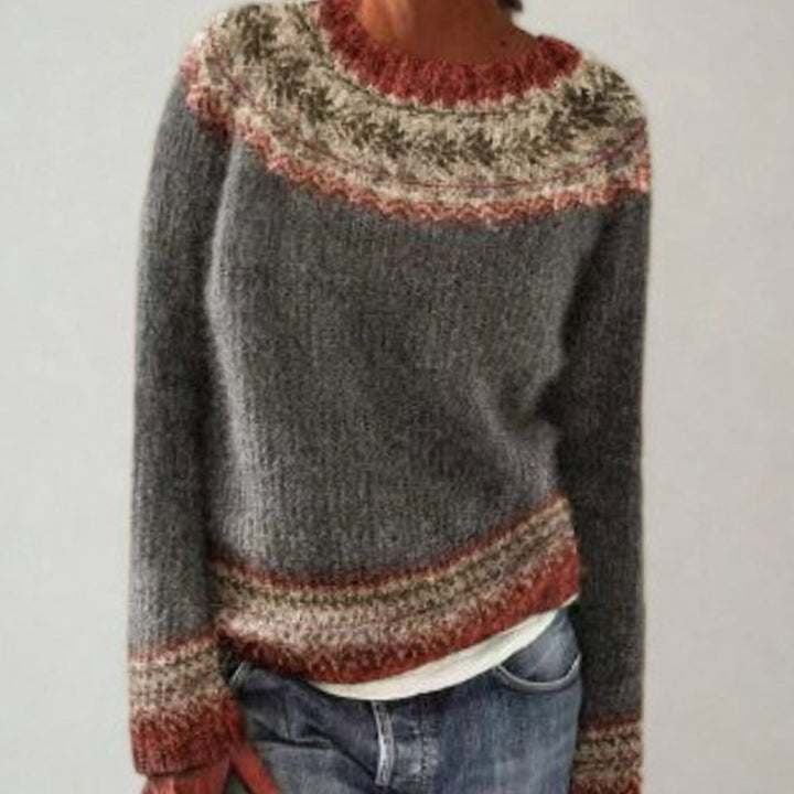 Women's Fair Isle Geometric Knit Crew Neck Pullover Sweater - Grey