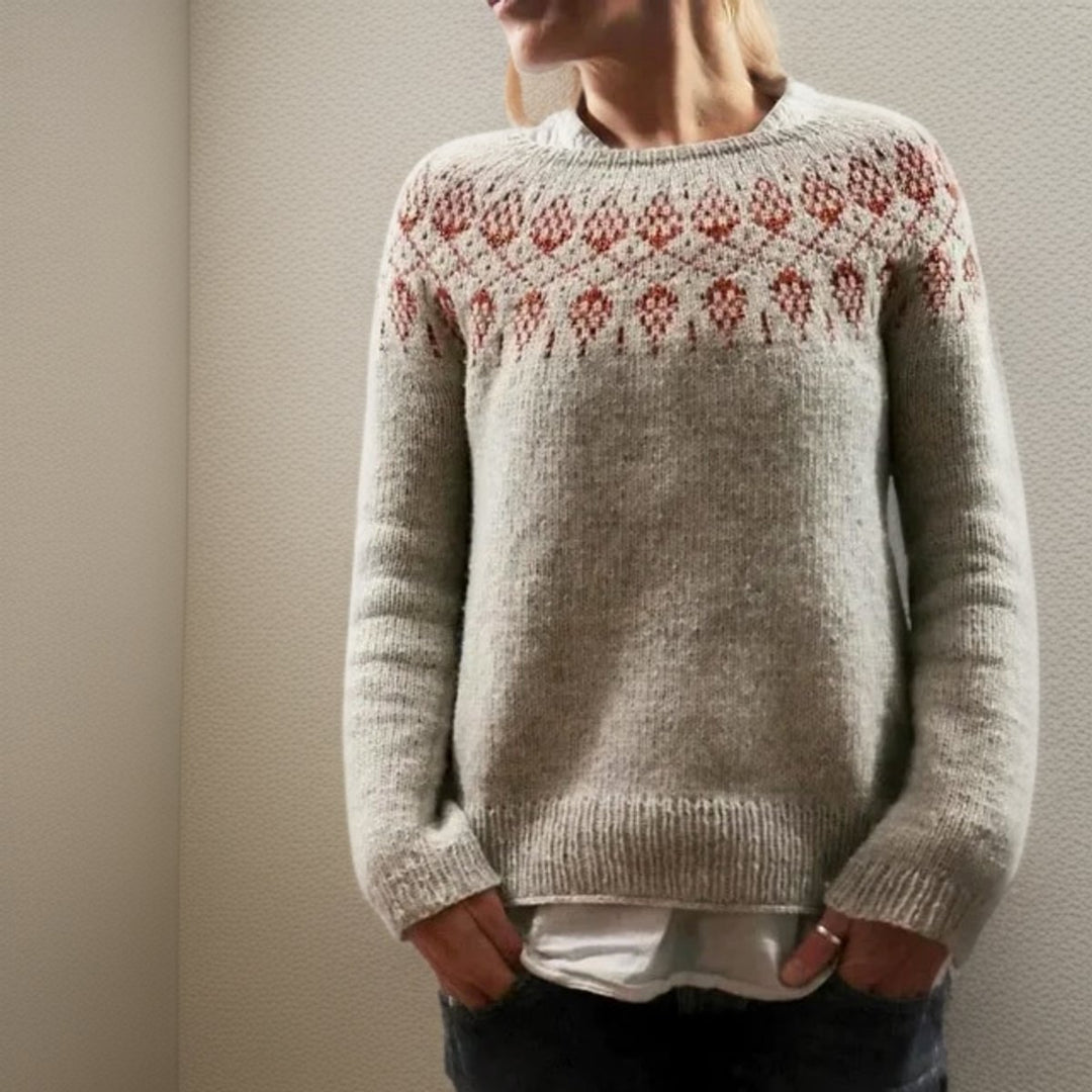 Women's Fair Isle Icelandic Knit Sweater Relaxed Crew Neck Pullover - Gray