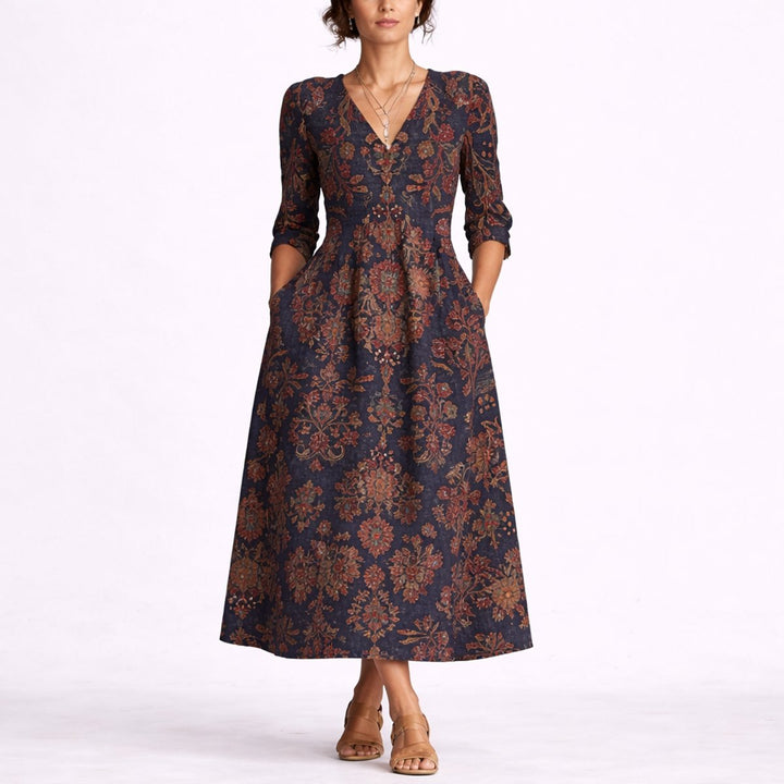 Women's Fall Wedding Guest Dress Floral Linen Midi A-Line - Multicolor