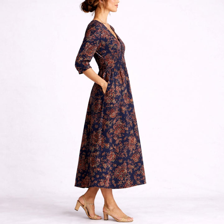 Women's Fall Wedding Guest Dress Floral Linen Midi A-Line