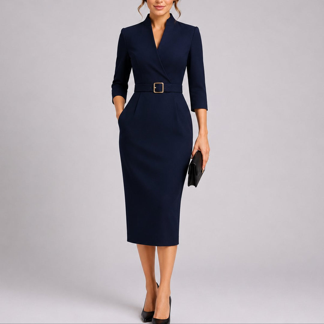 Women's Fall Wedding Guest Dresses Belted V-Neck Bodycon Midi Dress - Navy