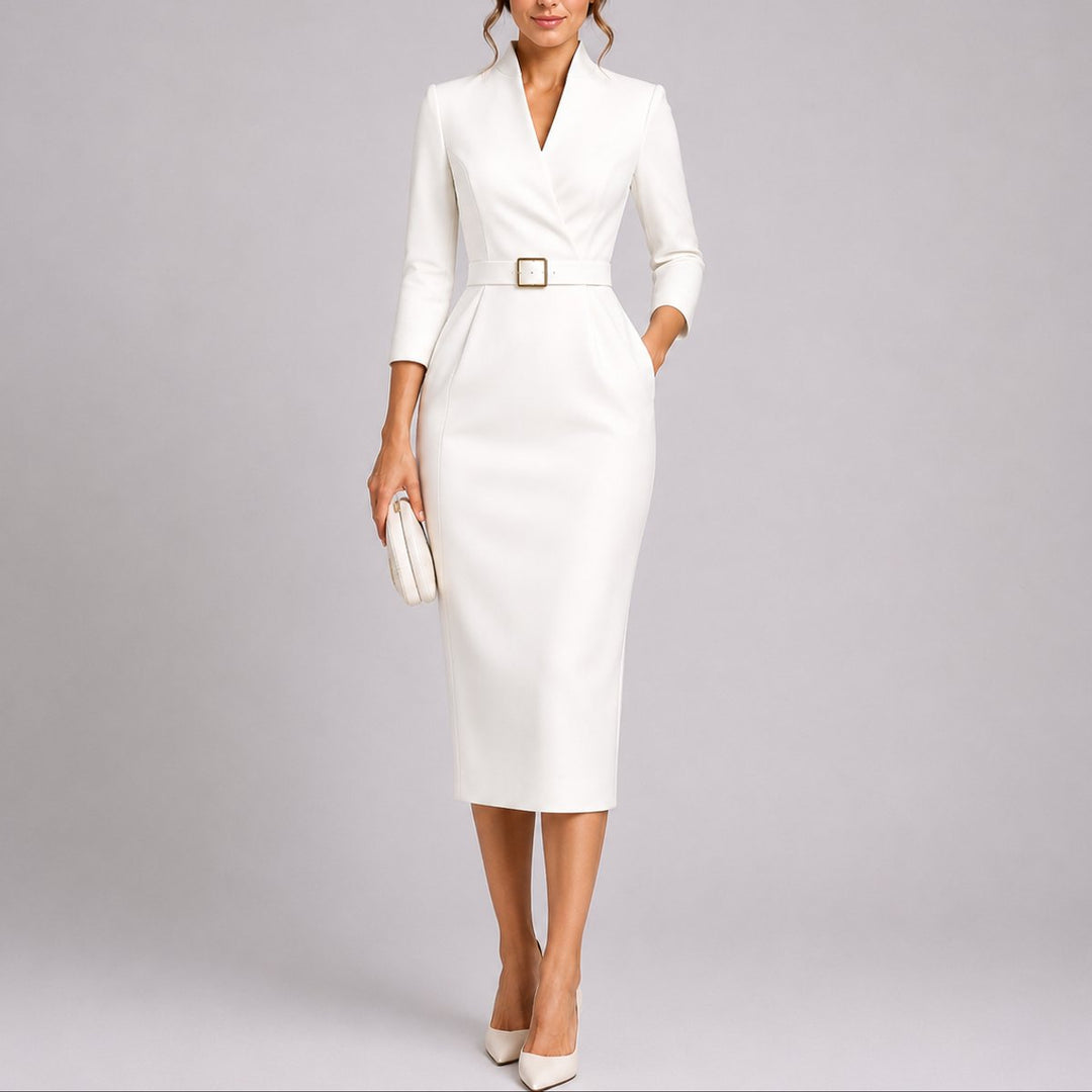 Women's Fall Wedding Guest Dresses Belted V-Neck Bodycon Midi Dress - White