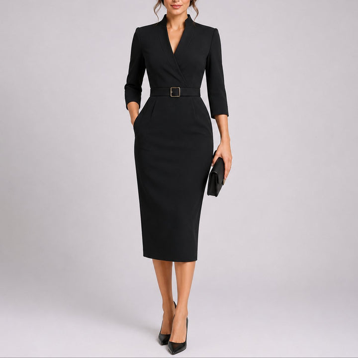 Women's Fall Wedding Guest Dresses Belted V-Neck Bodycon Midi Dress - Black