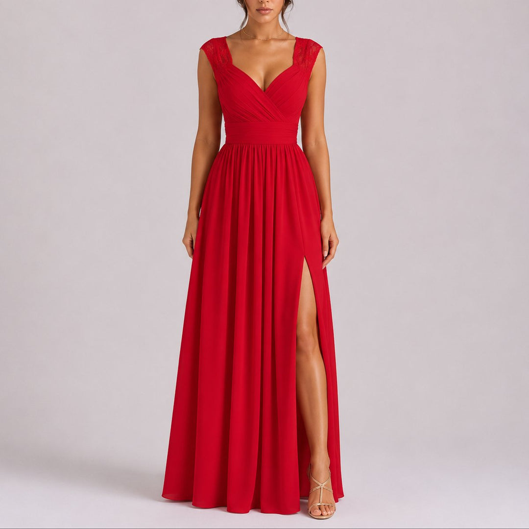 Women's Fall Wedding Guest Dresses Lace Shoulder Chiffon Maxi Gown Side Slit - Red