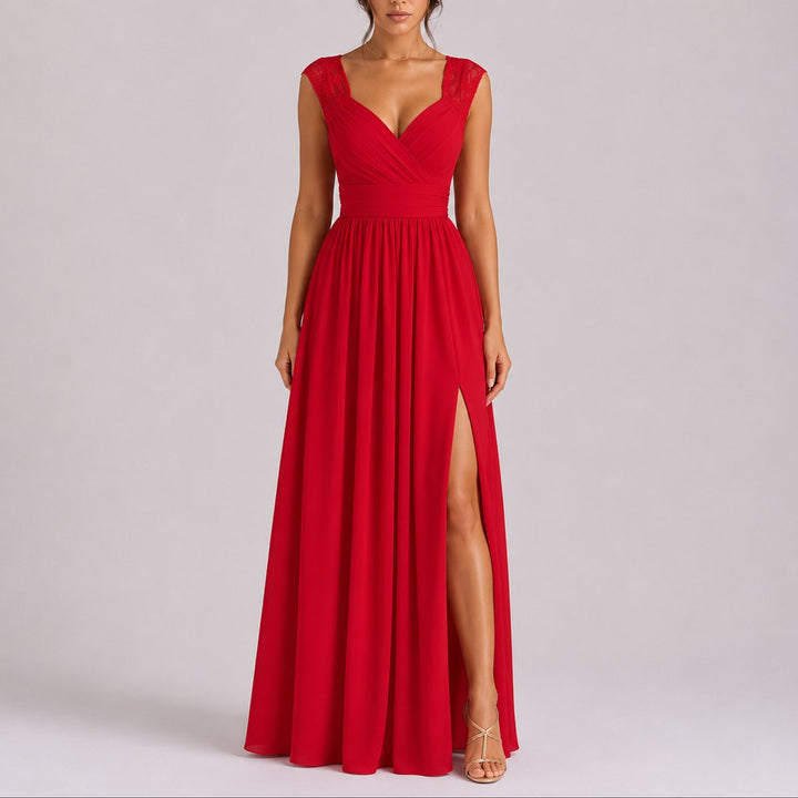 Women's Fall Wedding Guest Dresses Lace Shoulder Chiffon Maxi Gown Side Slit - Red